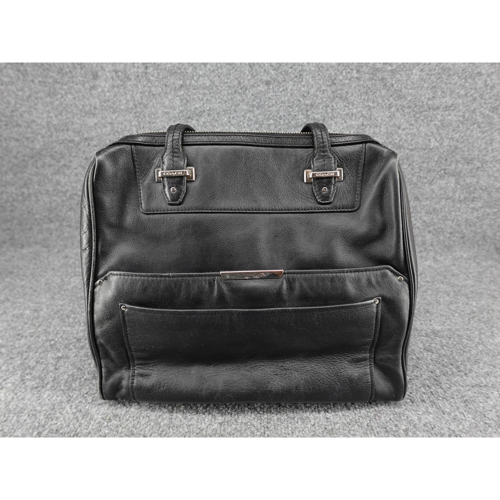 Coach Satchel Bag Womens Large Black Leather Silver Hardware Top Zip Work Tote